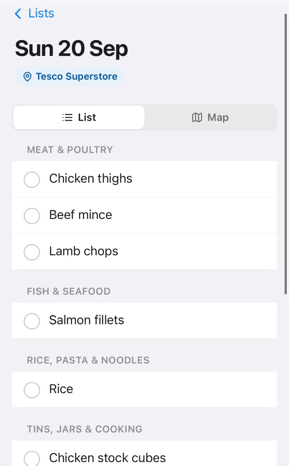 A shopping list grouped into supermarket departments: meat and poultry, fish and seafood, rice and pasta, tins and cooking.