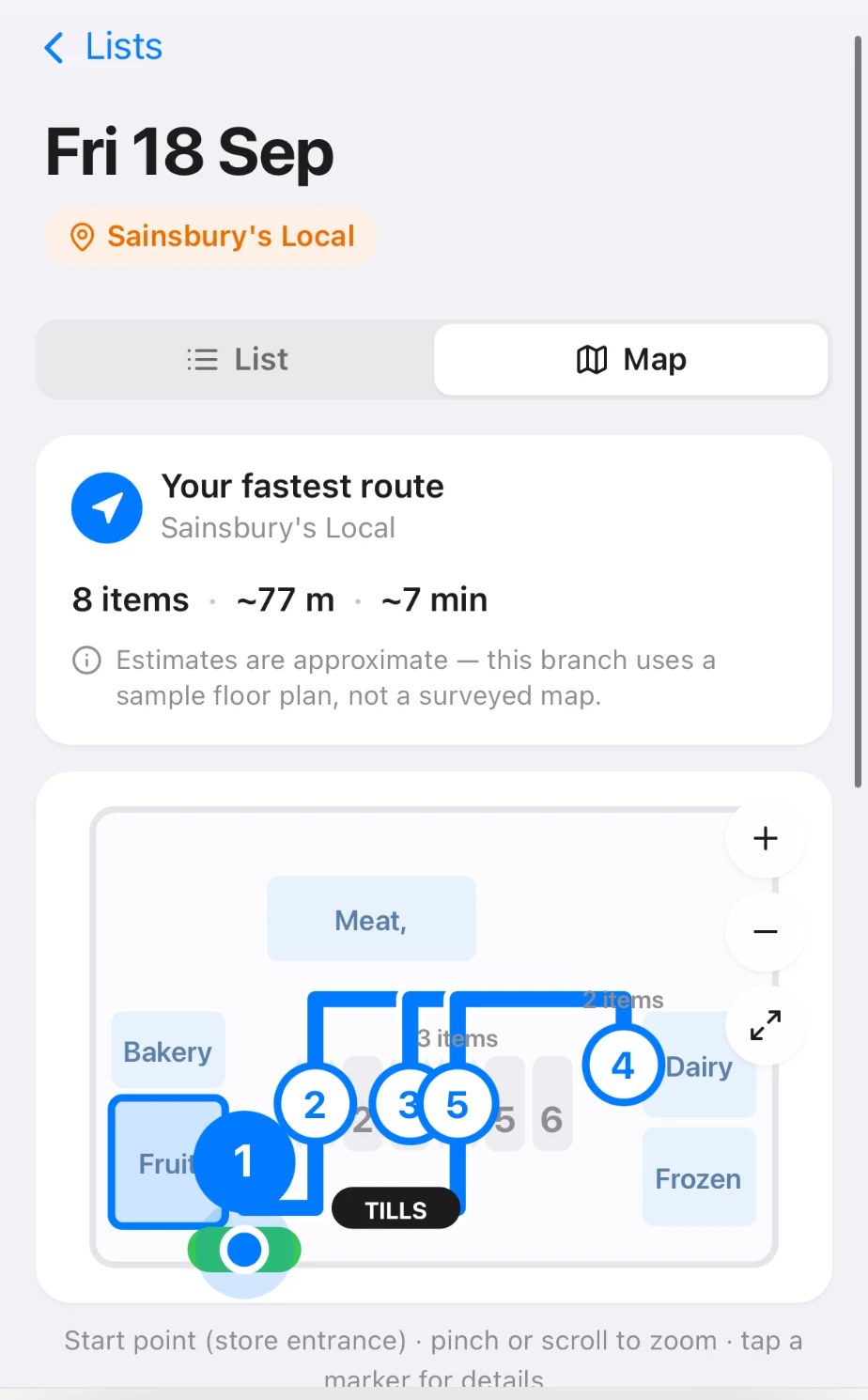 A store floor plan with the fastest route drawn through it: eight items, about seventy-seven metres, about seven minutes.