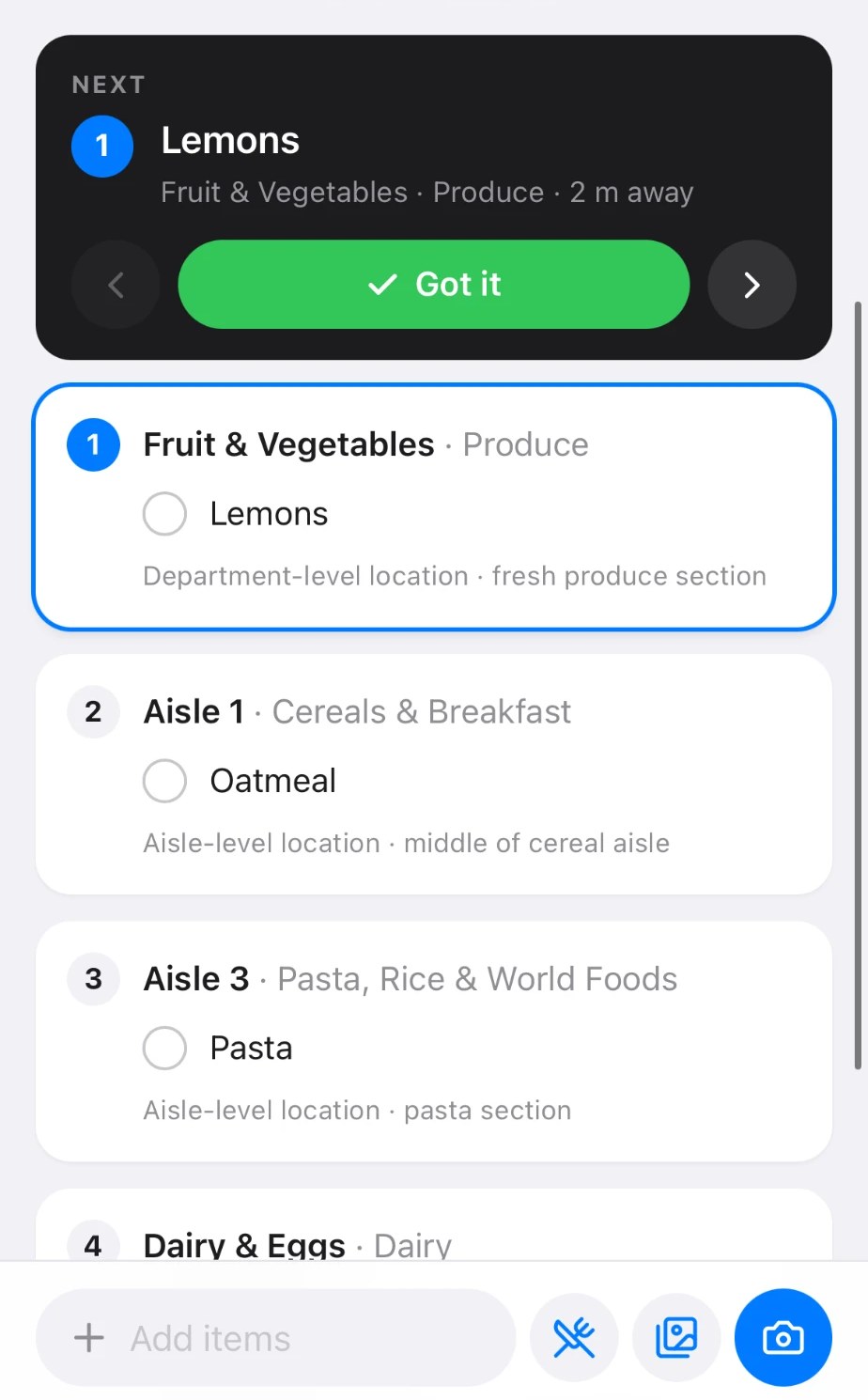 In-store guidance: the next item is lemons, in fruit and vegetables, two metres away, with the rest of the route listed by aisle below it.